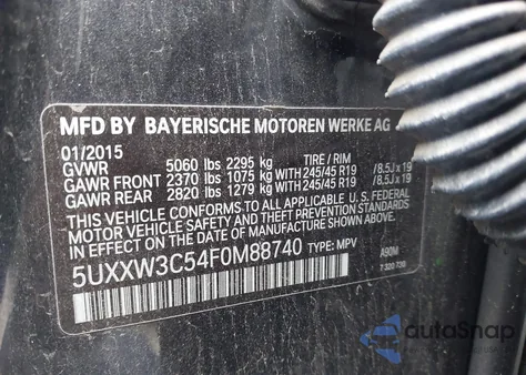 2015 BMW X4 xDrive28I from USA, damaged, VIN 5UXXW3C54F0M88740